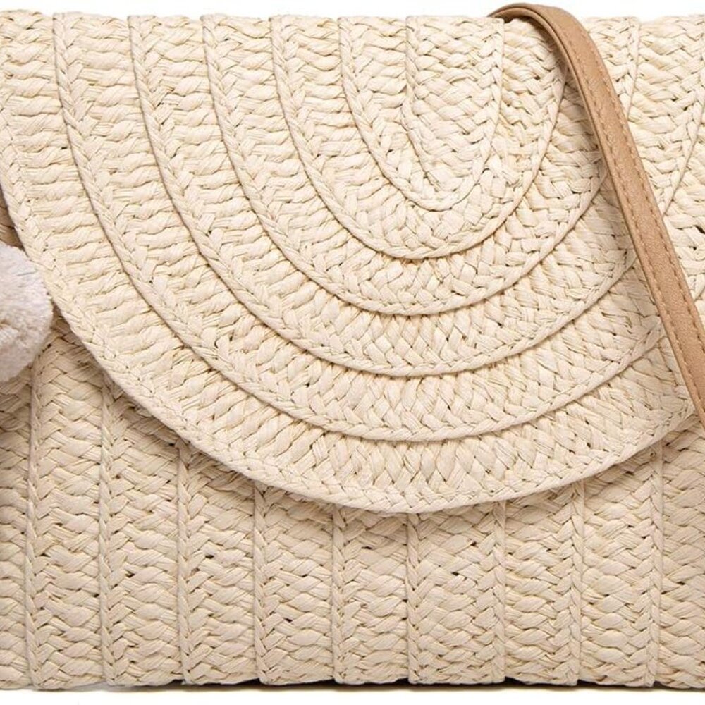 Straw Clutch Women Hand-woven PomPom Crossbody Bag Summer Beach Envelope Purse W